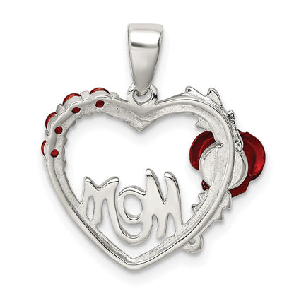 Sterling Silver Vermeil Red Flower And Cz Mom Pendant