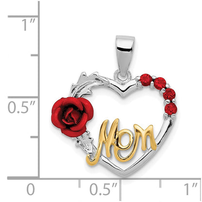 Sterling Silver Vermeil Red Flower And Cz Mom Pendant
