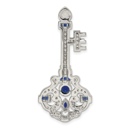Sterling Silver Rhodium-Plated Blue And Clear Cz Key Slide