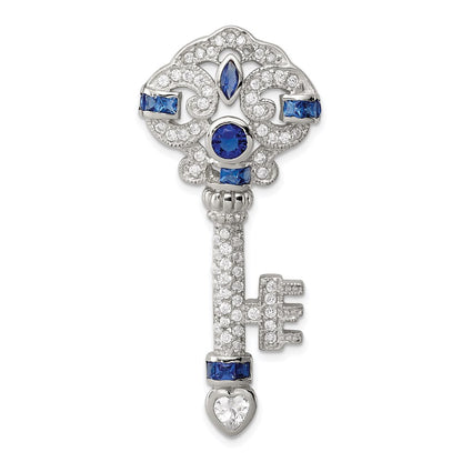 Sterling Silver Rhodium-Plated Blue And Clear Cz Key Slide