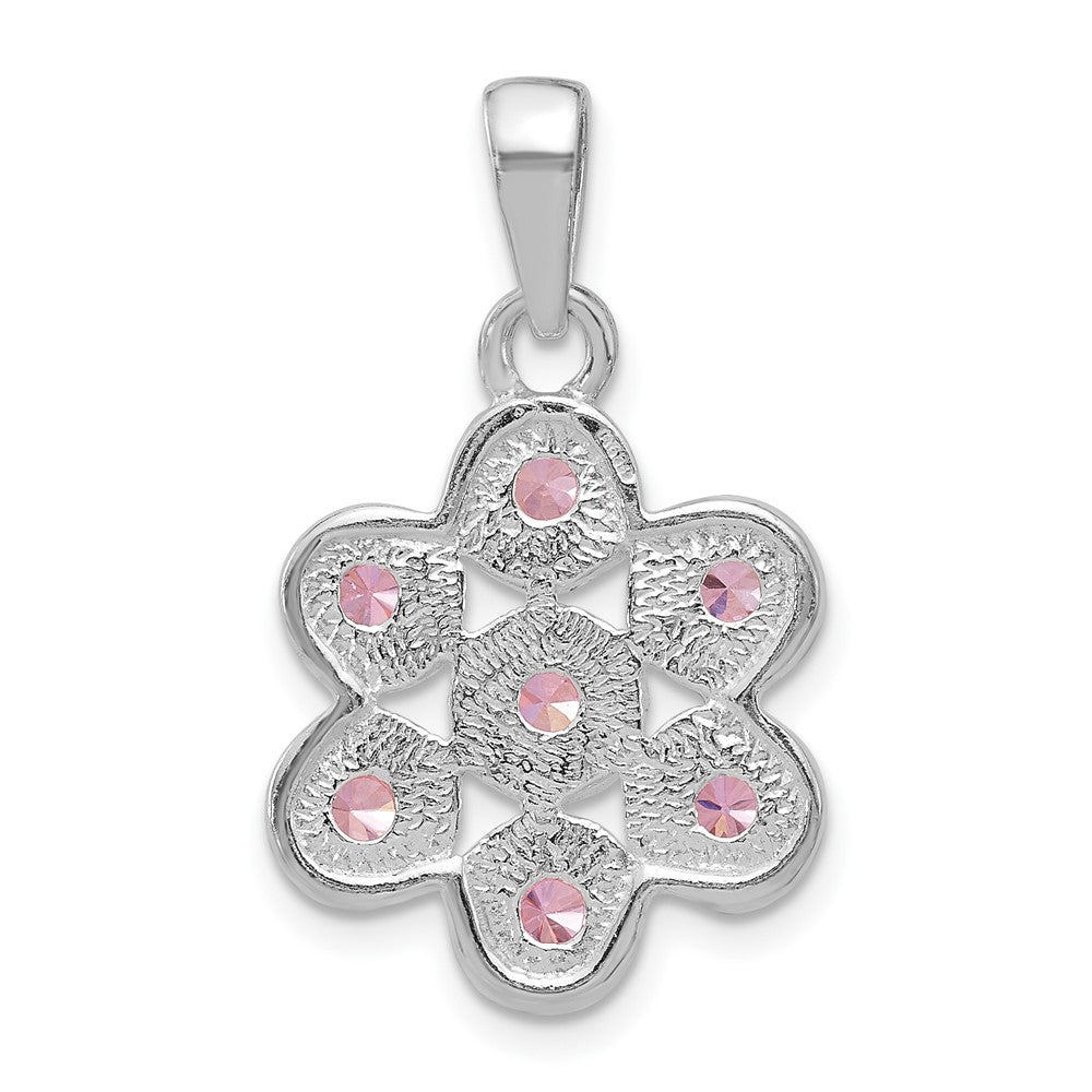 Sterling Silver Polished And Beaded Pink Cz Flower Pendant