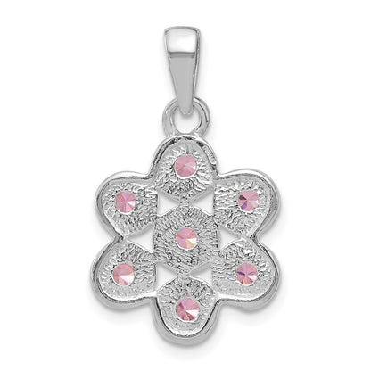 Sterling Silver Polished And Beaded Pink Cz Flower Pendant
