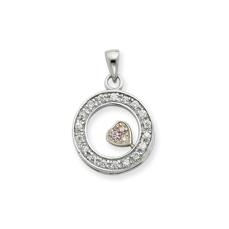 Sterling Silver Cz Circle With Pink Heart Pendant