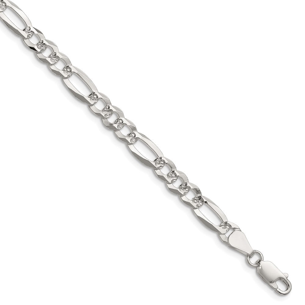 Sterling Silver 6.1mm Flat D/C Pave Figaro Chain Bracelet