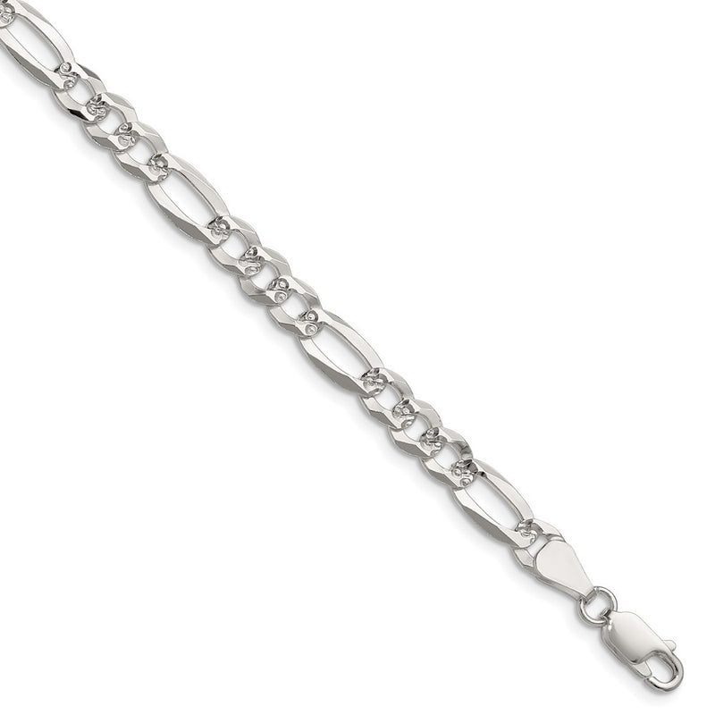 Sterling Silver 6.1mm Flat D/C Pave Figaro Chain Bracelet