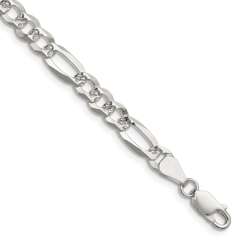 Sterling Silver 6.1mm Flat D/c Pave Figaro Chain Necklace