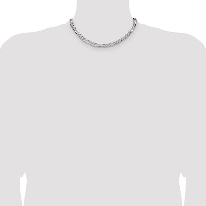 Sterling Silver 7.0mm Flat D/c Pave Figaro Chain Necklace