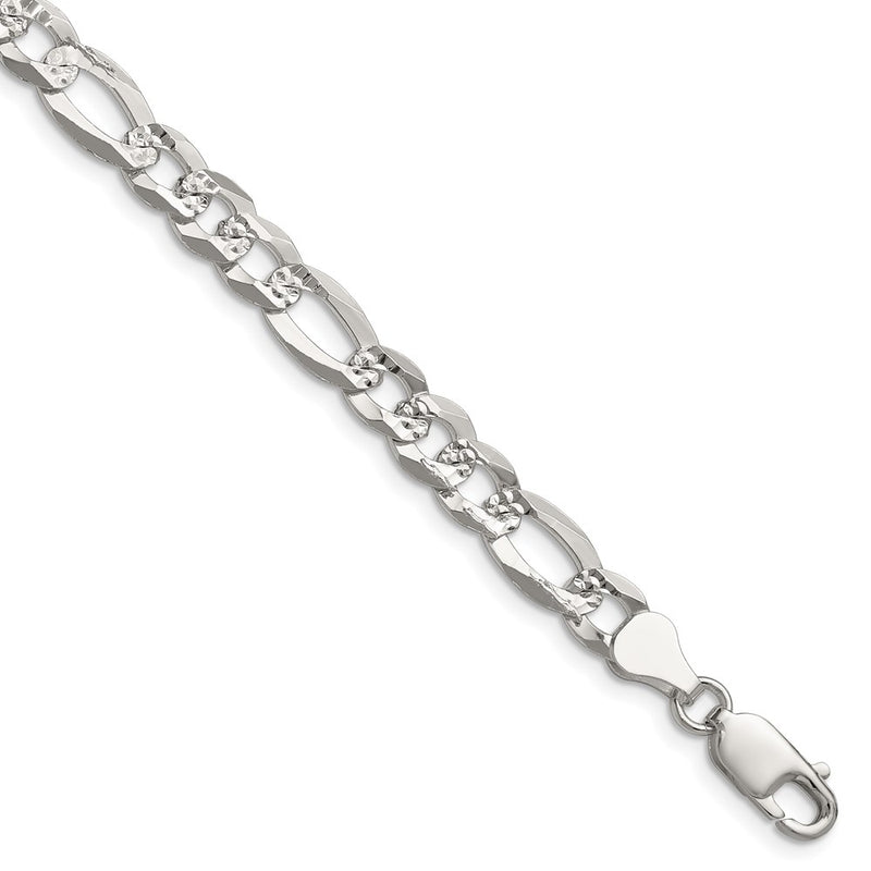 Sterling Silver 7.0mm Flat D/C Pave Figaro Chain Bracelet