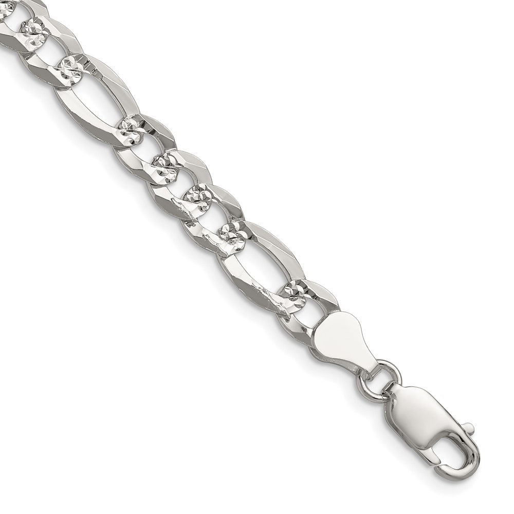 Sterling Silver 7.0mm Flat D/c Pave Figaro Chain Necklace