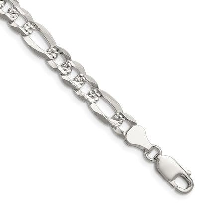 Sterling Silver 7.0mm Flat D/c Pave Figaro Chain Necklace