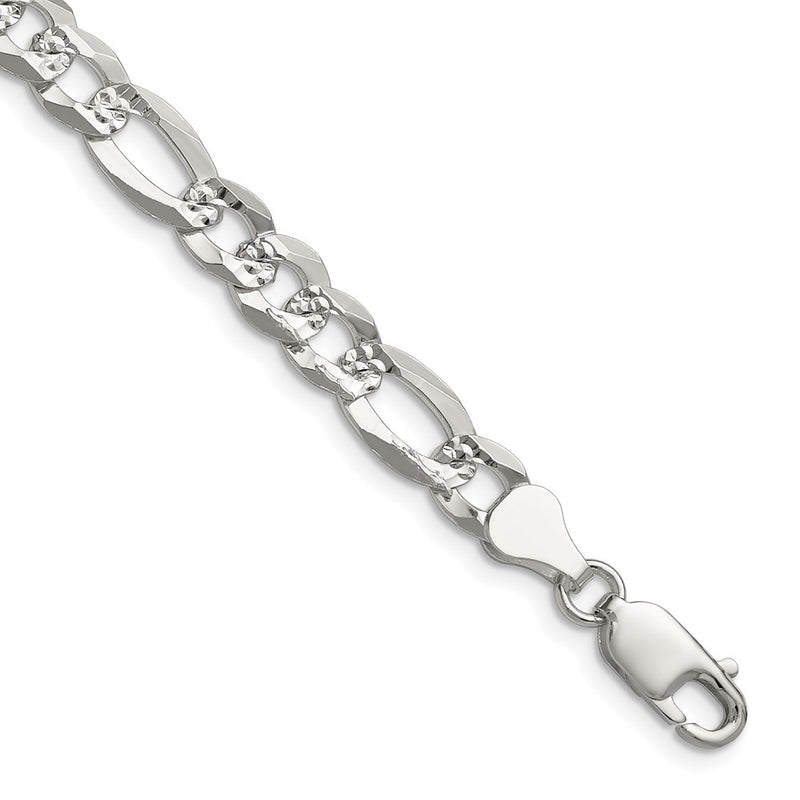 Sterling Silver 7.0mm Flat D/c Pave Figaro Chain Necklace