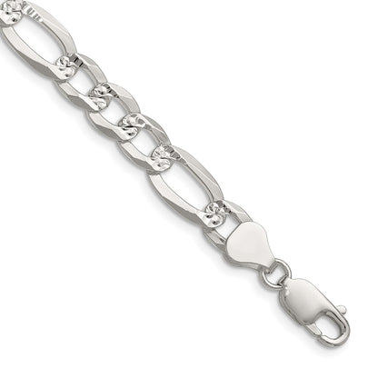 Sterling Silver 8.0mm Flat D/c Pave Figaro Chain Necklace