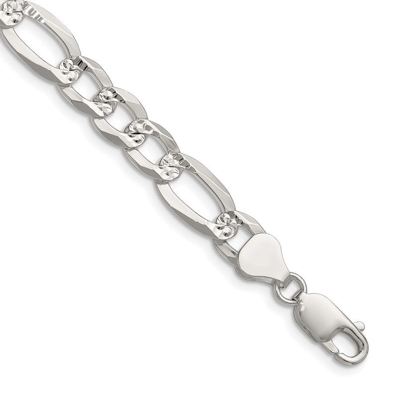 Sterling Silver 8.0mm Flat D/c Pave Figaro Chain Necklace