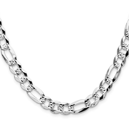 Sterling Silver 8.5mm Flat D/c Pave Figaro Chain Necklace