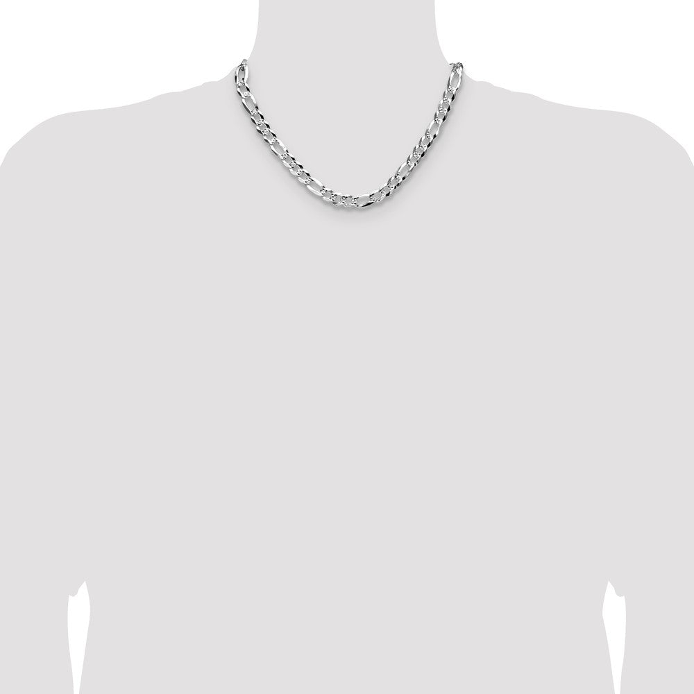 Sterling Silver 8.5mm Flat D/c Pave Figaro Chain Necklace