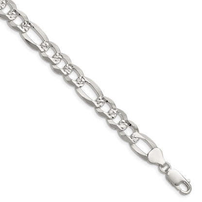 Sterling Silver 8.5mm Flat D/C Pave Figaro Chain Bracelet