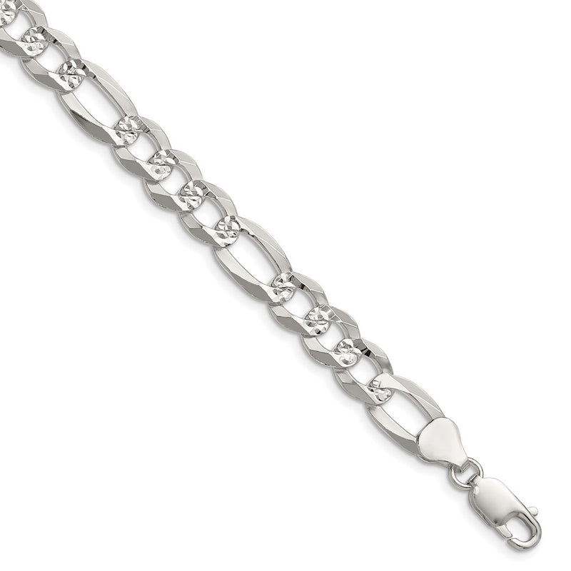 Sterling Silver 8.5mm Flat D/C Pave Figaro Chain Bracelet