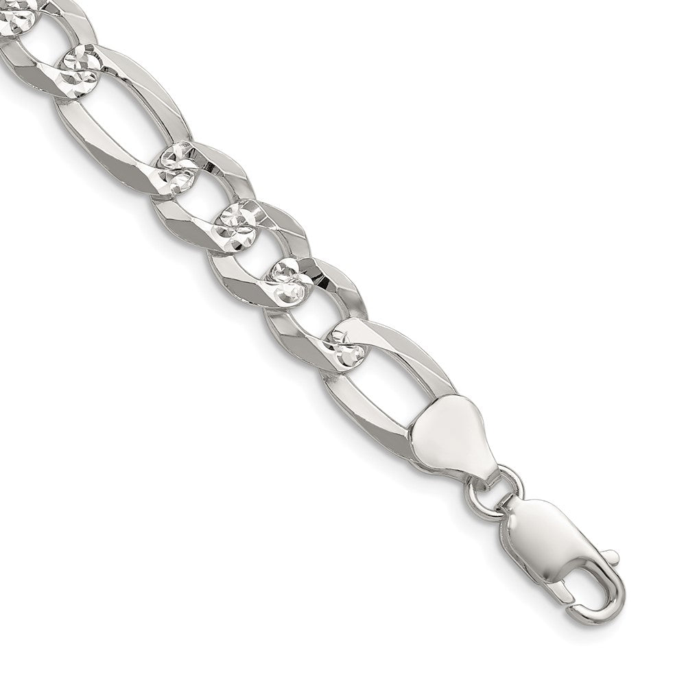 Sterling Silver 8.5mm Flat D/c Pave Figaro Chain Necklace