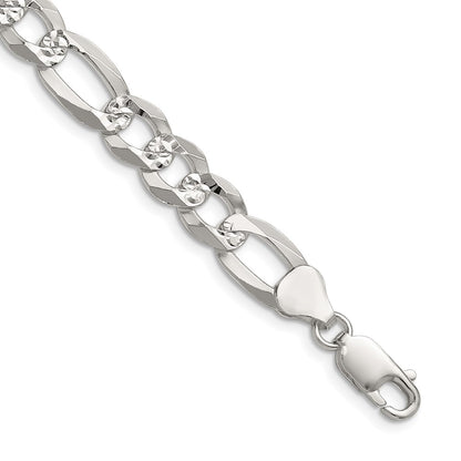 Sterling Silver 8.5mm Flat D/c Pave Figaro Chain Necklace