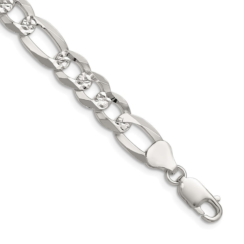Sterling Silver 8.5mm Flat D/c Pave Figaro Chain Necklace