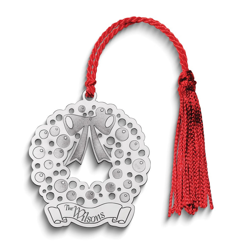 Sterling Silver Rhodium-Plated Christmas Wreath Ornament With Personalization