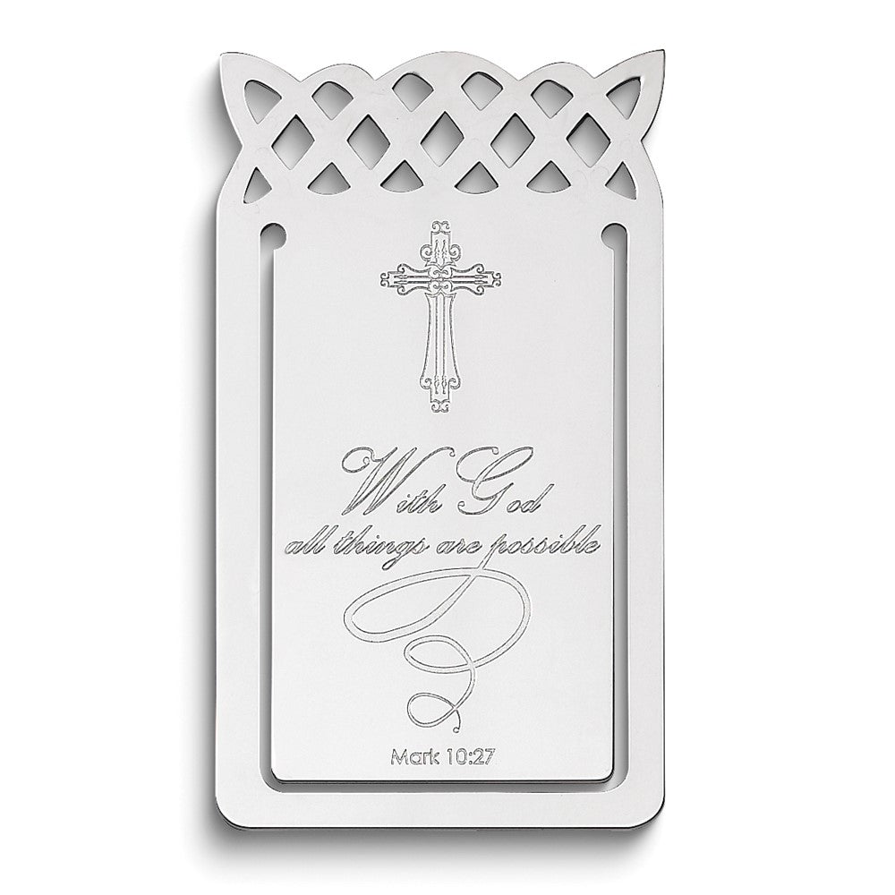 Sterling Silver Rhodium-Plated Cross With Mark 10:27 Verse Book Tassel