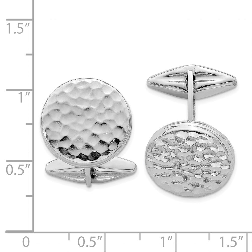 Sterling Silver Rhodium-Plated Polished & Hammered Round Cuff Link