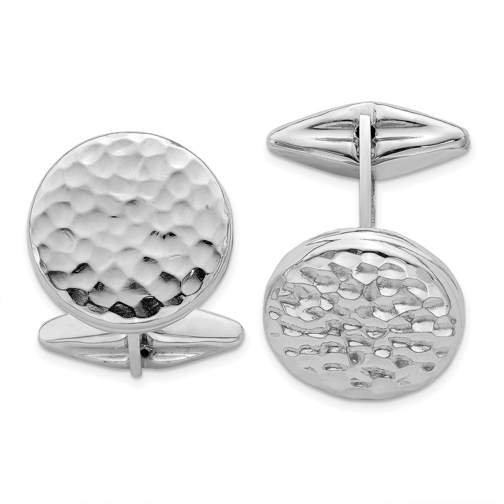 Sterling Silver Rhodium-Plated Polished & Hammered Round Cuff Link