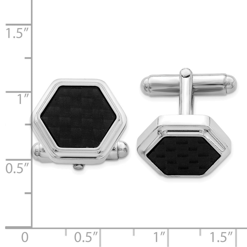 Sterling Silver Rhodium-Plated Hexagon Black Carbon Fiber Cufflinks