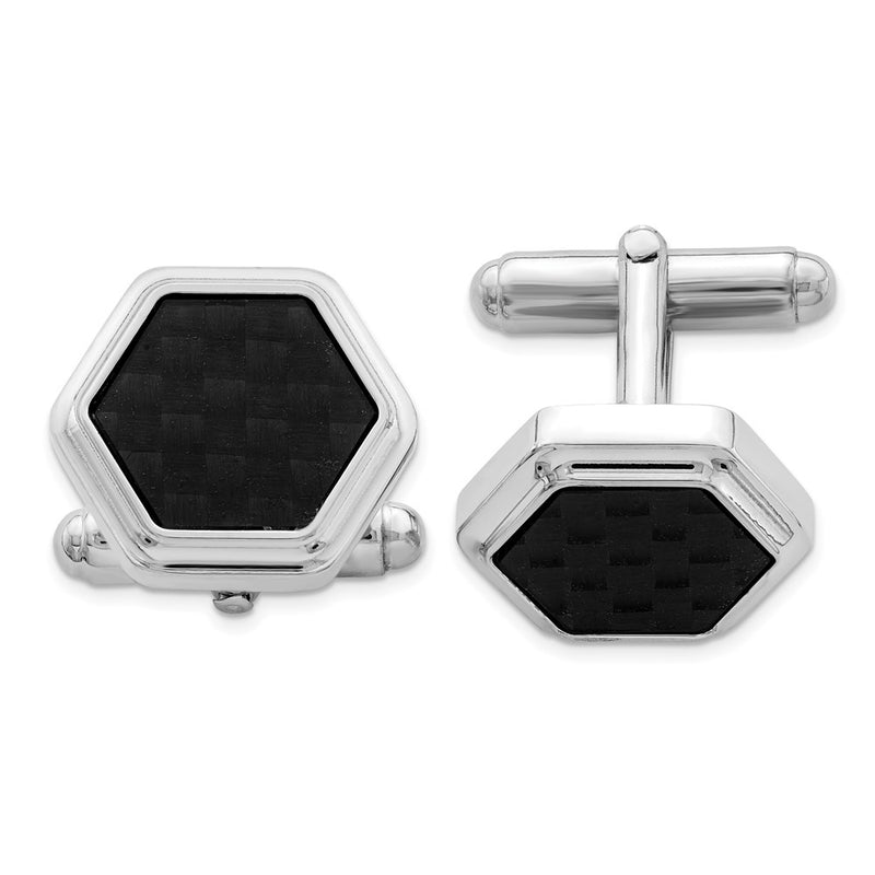 Sterling Silver Rhodium-Plated Hexagon Black Carbon Fiber Cufflinks