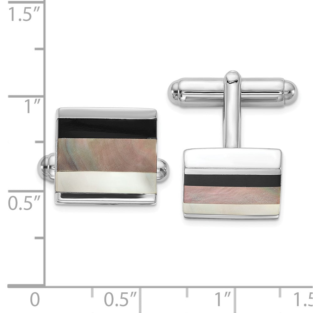 Sterling Silver Rhodium-Plated Onyx And White/Grey Mop Cuff Links