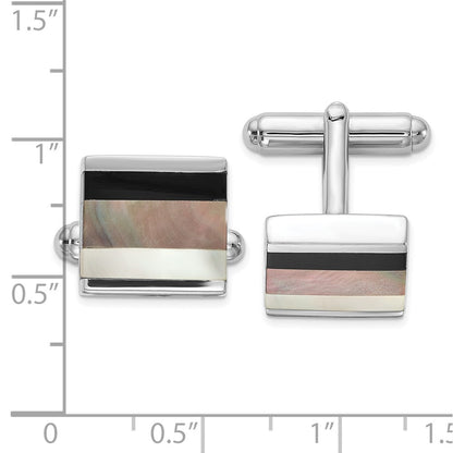 Sterling Silver Rhodium-Plated Onyx And White/Grey Mop Cuff Links