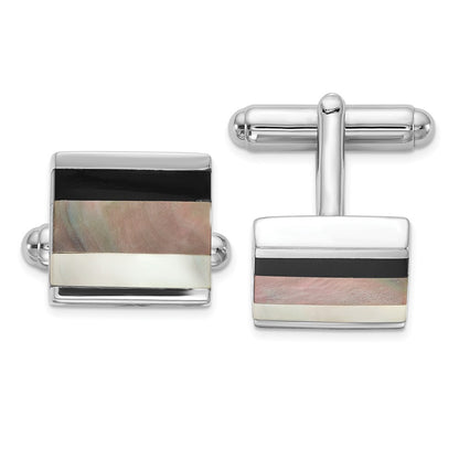 Sterling Silver Rhodium-Plated Onyx And White/Grey Mop Cuff Links