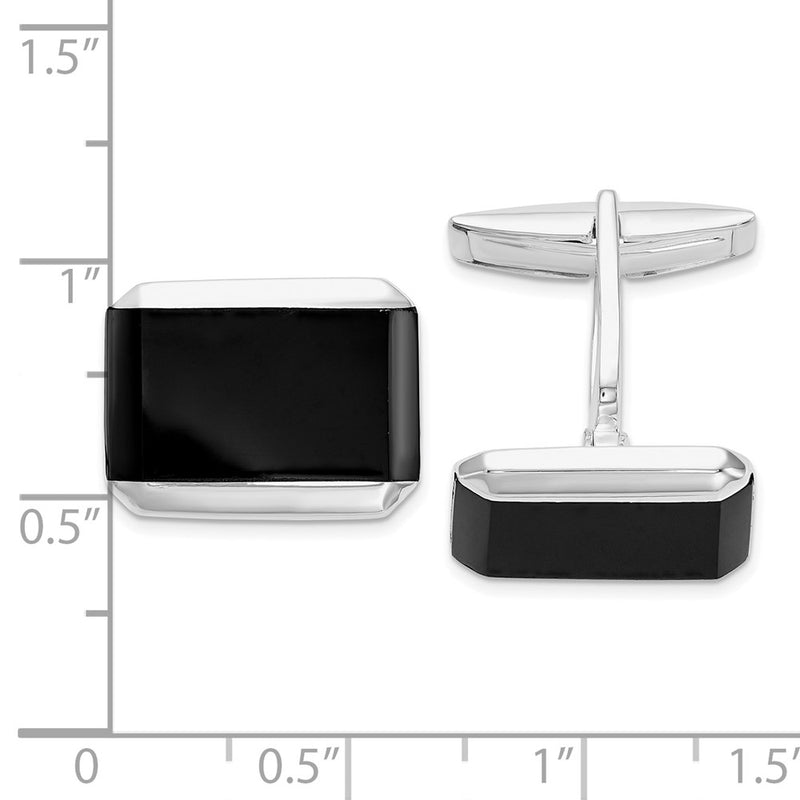 Sterling Silver Rhodium-Plated Rectangle Onyx Cuff Links