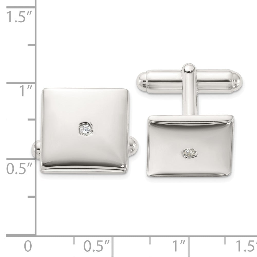 Sterling Silver Rhodium-Plated Polished with CZ Square Cuff Links
