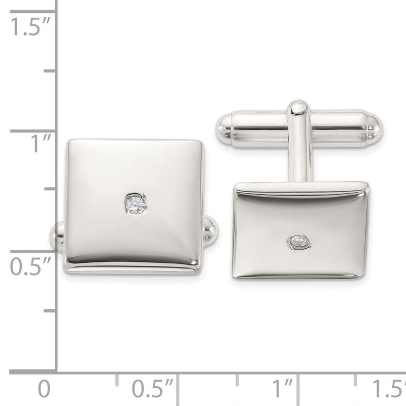 Sterling Silver Rhodium-Plated Polished with CZ Square Cuff Links