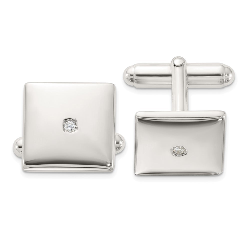 Sterling Silver Rhodium-Plated Polished with CZ Square Cuff Links