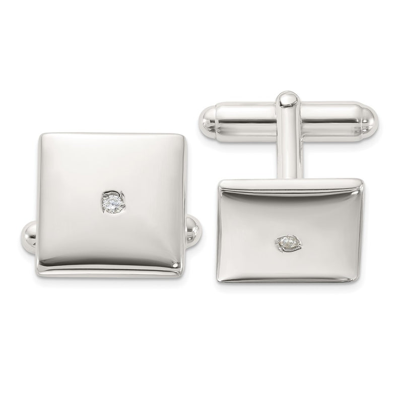 Sterling Silver Rhodium-Plated Polished with CZ Square Cuff Links