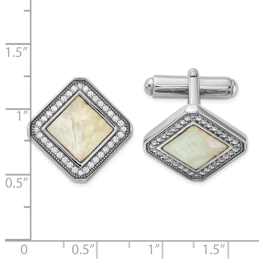 Sterling Silver Rhodium-Plated CZ and Mother of Pearl Square Cuff Links