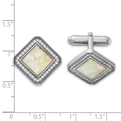 Sterling Silver Rhodium-Plated CZ and Mother of Pearl Square Cuff Links