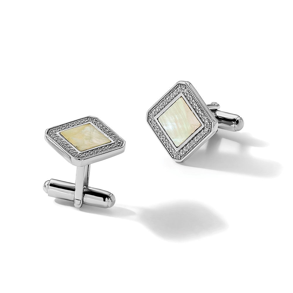 Sterling Silver Rhodium-Plated CZ and Mother of Pearl Square Cuff Links