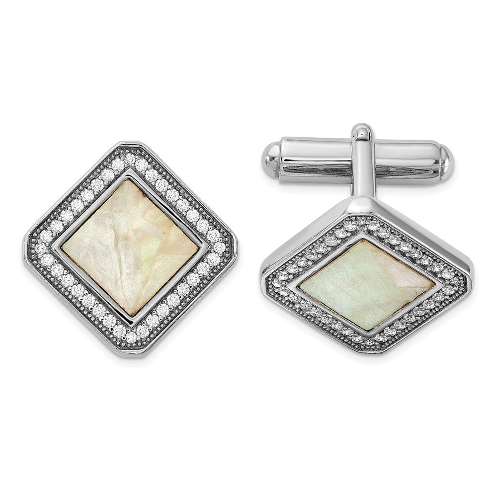 Sterling Silver Rhodium-Plated CZ and Mother of Pearl Square Cuff Links