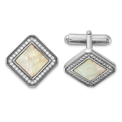 Sterling Silver Rhodium-Plated CZ and Mother of Pearl Square Cuff Links