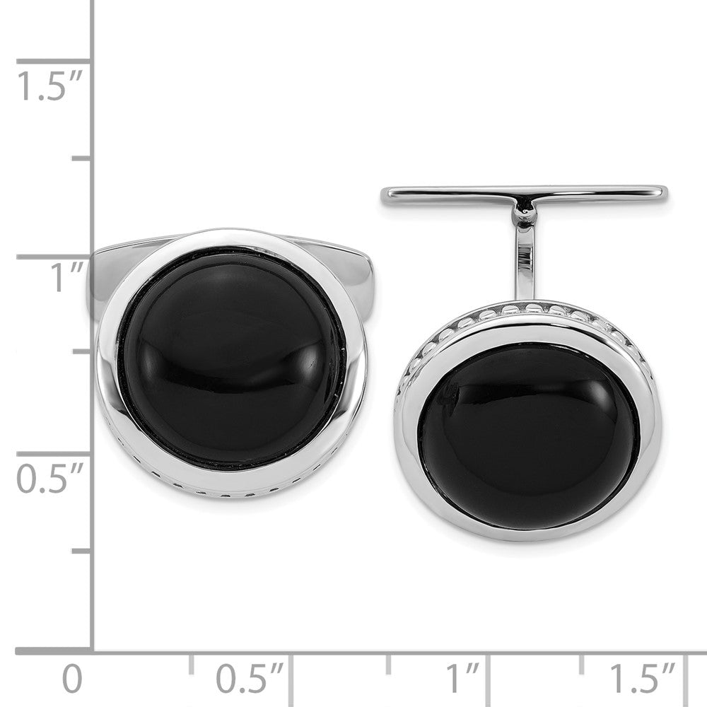 Sterling Silver Rhodium-Plated Polished Round Black Onyx Cuff Links