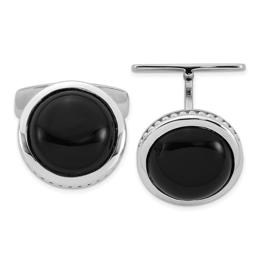 Sterling Silver Rhodium-Plated Polished Round Black Onyx Cuff Links