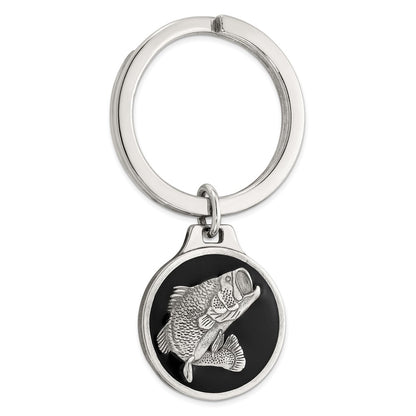 Sterling Silver Rhodium-Plated Black Epoxy Bass Fish Keychain
