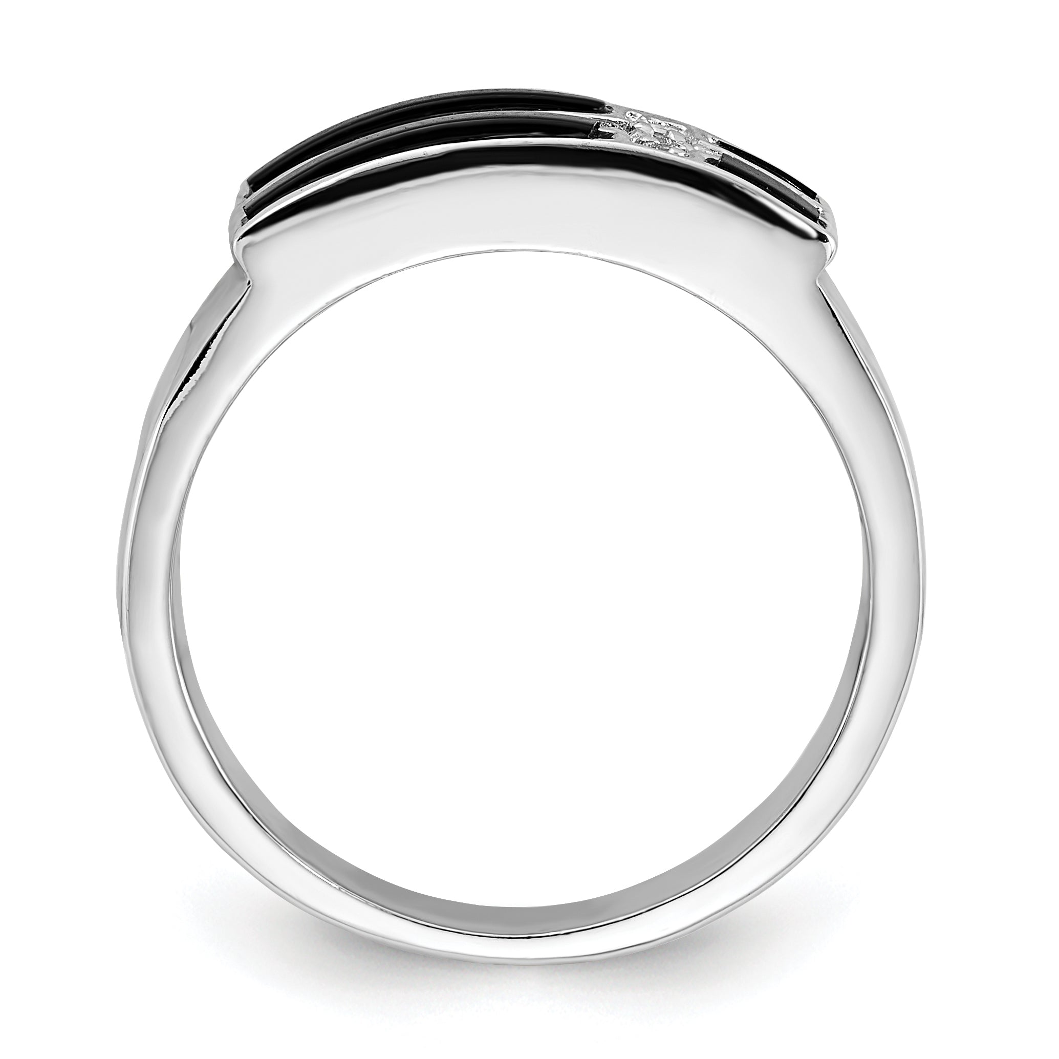 Sterling Silver Polished Black Enamel & Cz Cross Ring