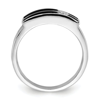 Sterling Silver Polished Black Enamel & Cz Cross Ring