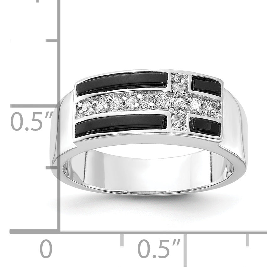 Sterling Silver Polished Black Enamel & Cz Cross Ring