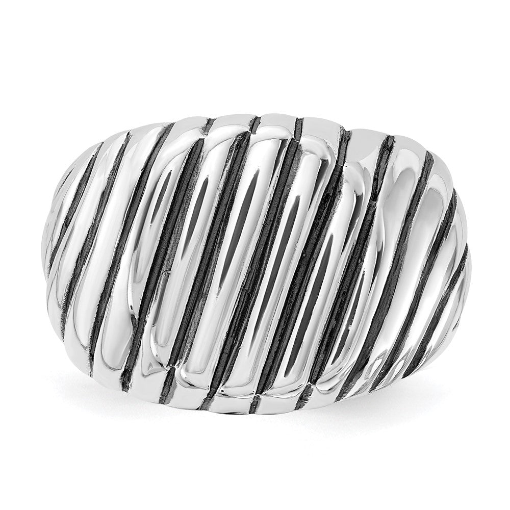 Sterling Silver Polished & Antiqued Grooved Signet Ring (Size 11 Only)